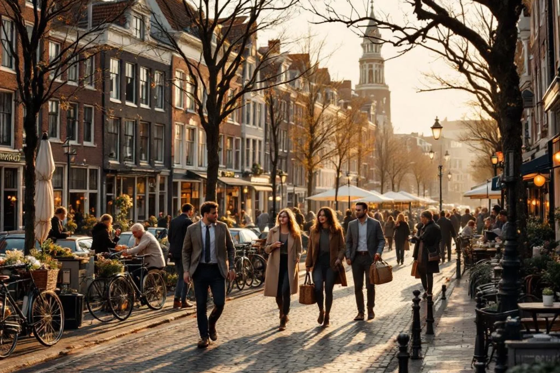 Drukke Nederlandse gracht met mensen wandelend, fietsen geparkeerd en historische bakstenen gebouwen langs het water