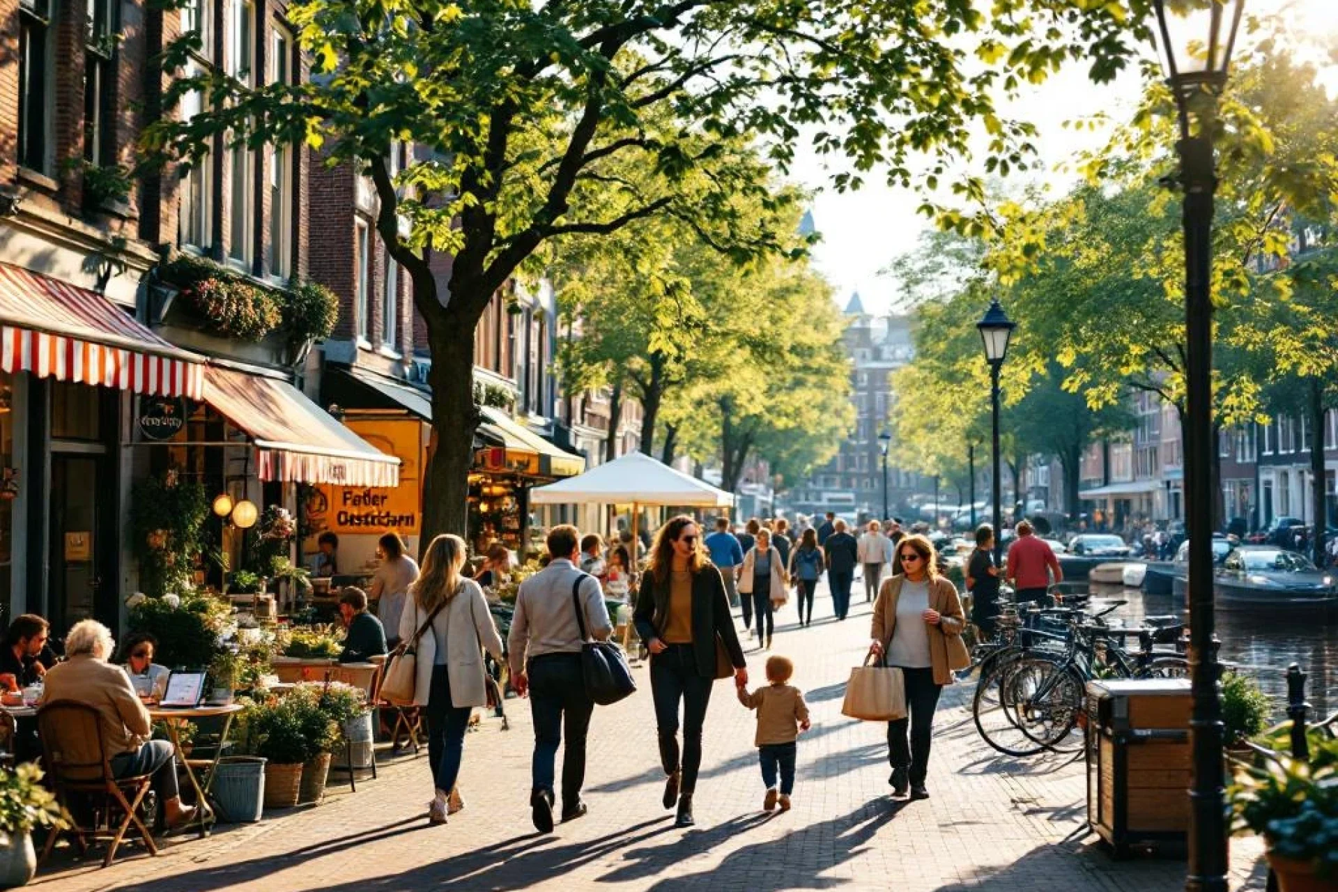 Drukke Nederlandse gracht met diverse mensen wandelend, café's, markt en traditionele bakstenen architectuur