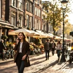 Professionele vrouw belt terwijl ze door drukke Amsterdamse gracht loopt met traditionele bakstenen huizen en cafés
