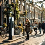 Elektrische laadpaal op Nederlandse straat met professionals en gezinnen tussen traditionele Amsterdamse bakstenen gebouwen