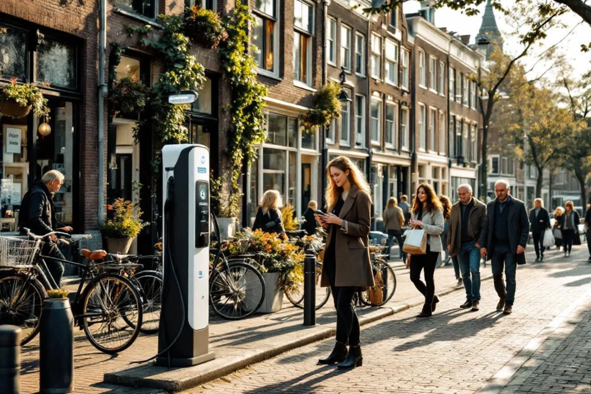 Elektrische laadpaal op Nederlandse straat met professionals en gezinnen tussen traditionele Amsterdamse bakstenen gebouwen