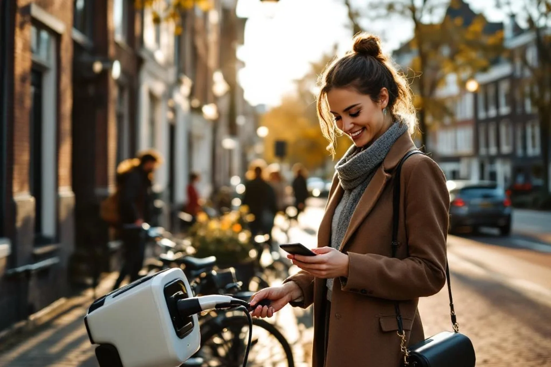 Professionele vrouw laadt elektrische auto op aan Amsterdamse straat met historische bakstenen gebouwen en fietsen