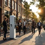 Elektrische laadpaal op Amsterdamse straat met historische bakstenen gebouwen en diverse voetgangers bij zonsondergang