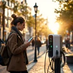 Professionele vrouw gebruikt smartphone bij elektrisch oplaadstation op Amsterdamse straat met traditionele architectuur