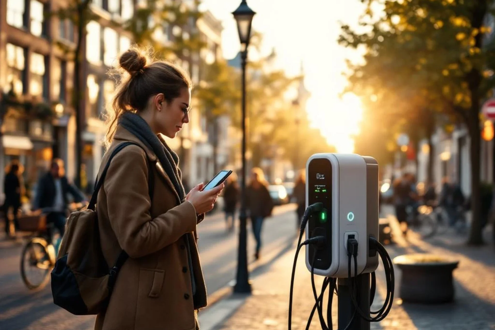 Professionele vrouw gebruikt smartphone bij elektrisch oplaadstation op Amsterdamse straat met traditionele architectuur