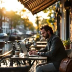 Freelancer werkt op laptop in café aan Amsterdamse gracht met traditionele grachtenpanden en fietsen op achtergrond