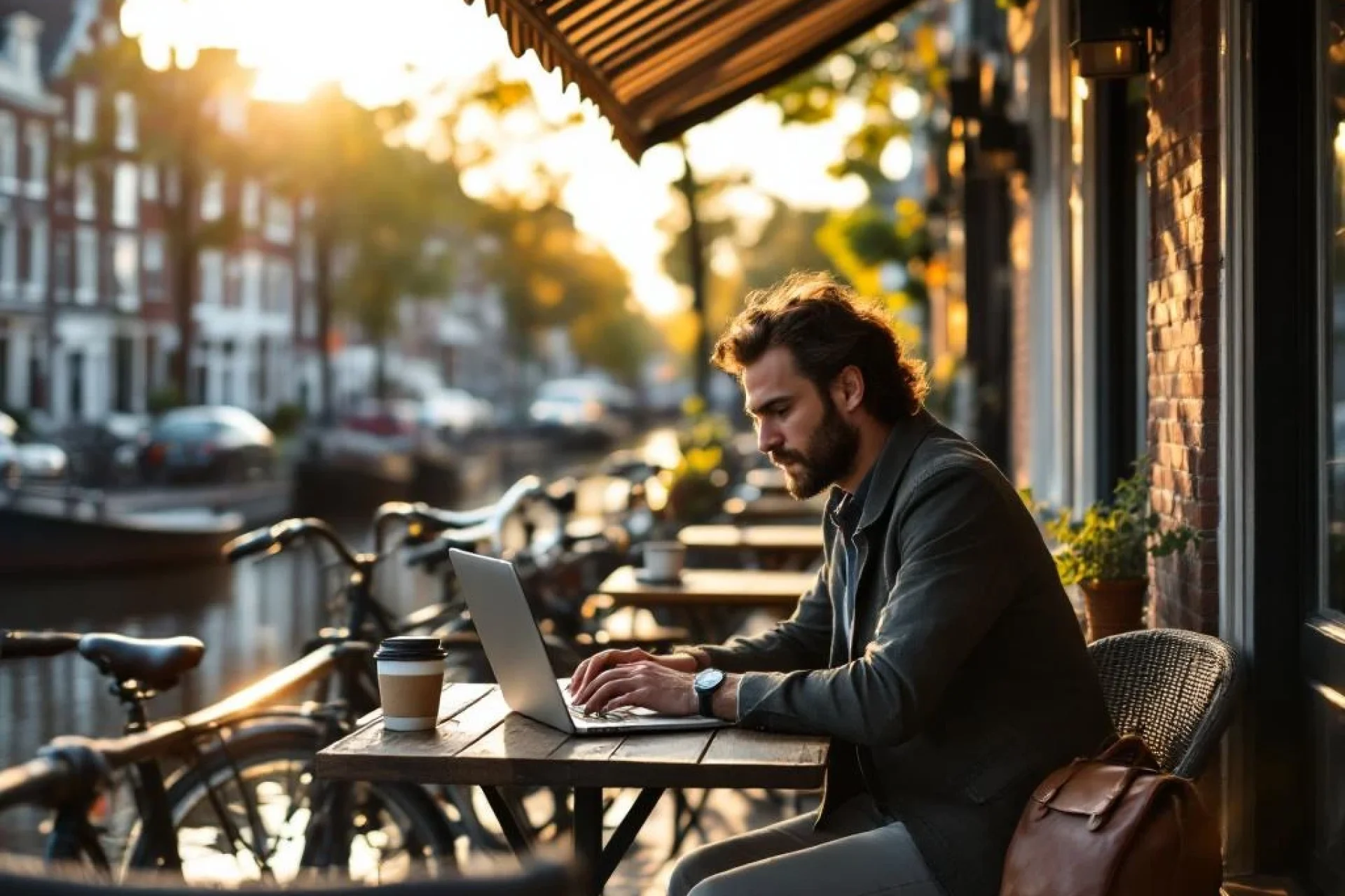 Freelancer werkt op laptop in café aan Amsterdamse gracht met traditionele grachtenpanden en fietsen op achtergrond