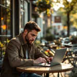 Freelancer werkt op laptop in Amsterdams café aan grachtenrand met traditionele bakstenen gebouwen en fietsen