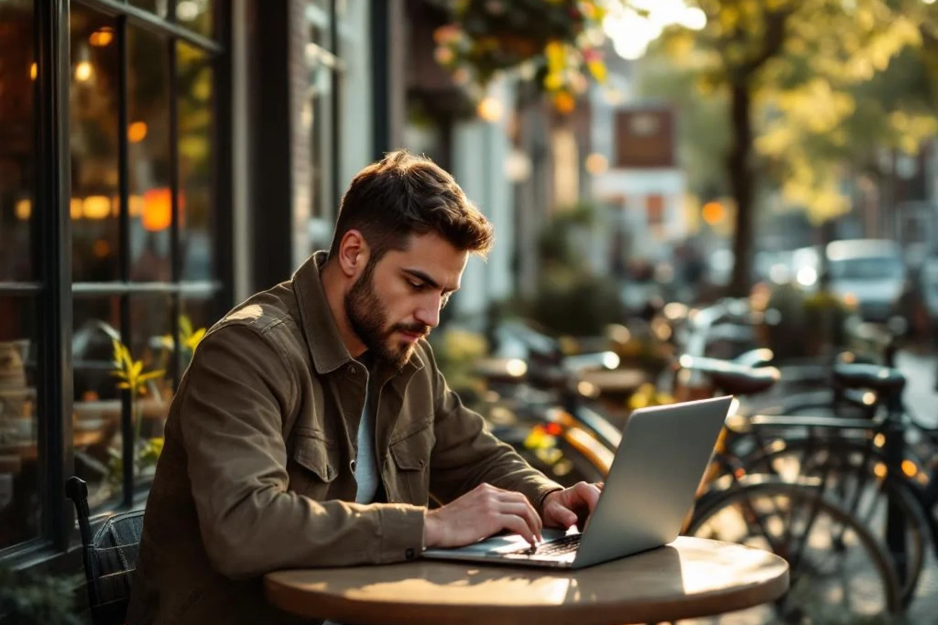 Freelancer werkt op laptop in Amsterdams café aan grachtenrand met traditionele bakstenen gebouwen en fietsen