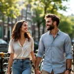 Jong professioneel stel wandelt hand in hand langs Amsterdamse gracht met traditionele Nederlandse huizen op achtergrond