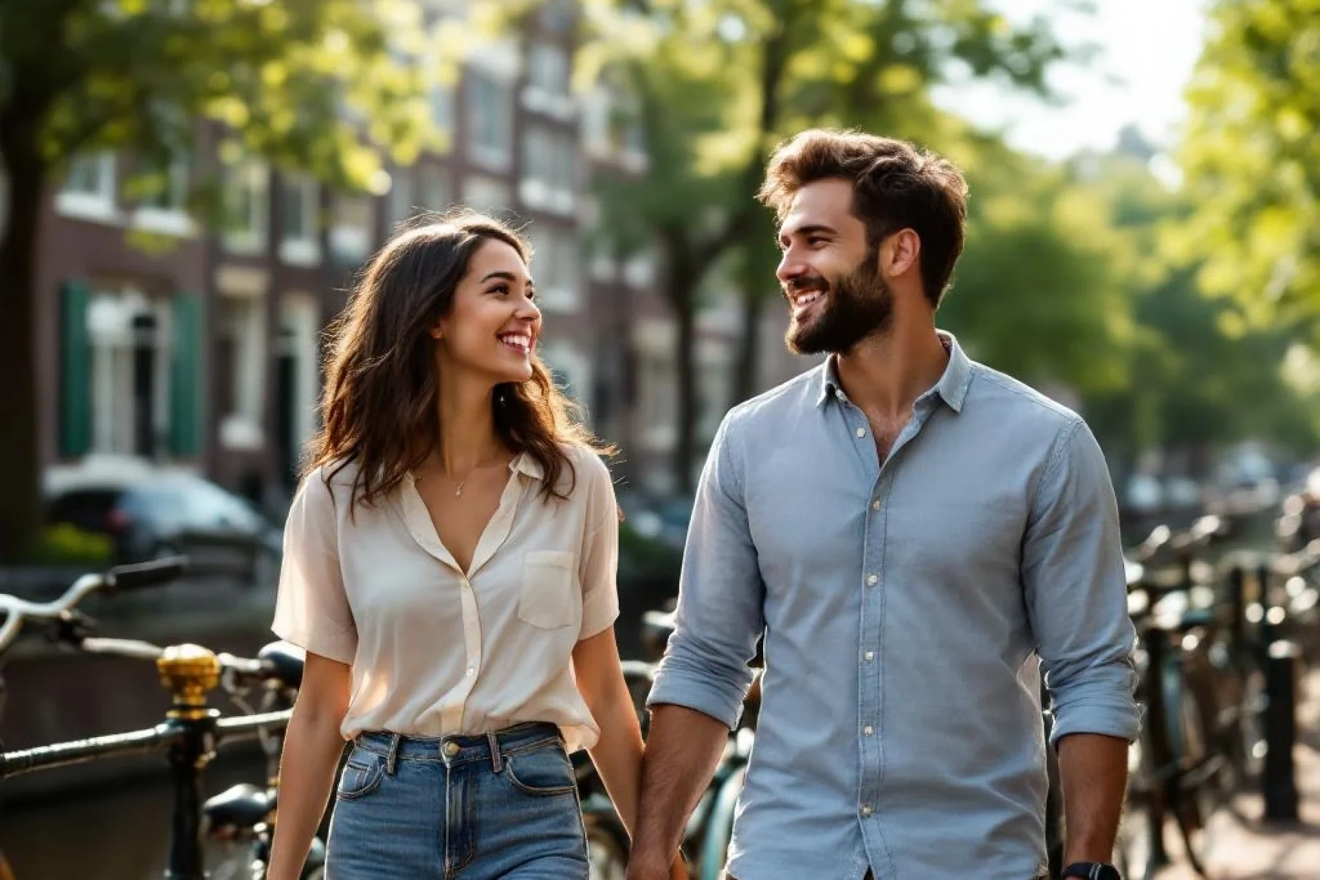 Jong professioneel stel wandelt hand in hand langs Amsterdamse gracht met traditionele Nederlandse huizen op achtergrond