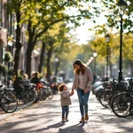Moeder en kind lopen hand in hand langs Amsterdamse gracht met traditionele Nederlandse huizen en geparkeerde fietsen.