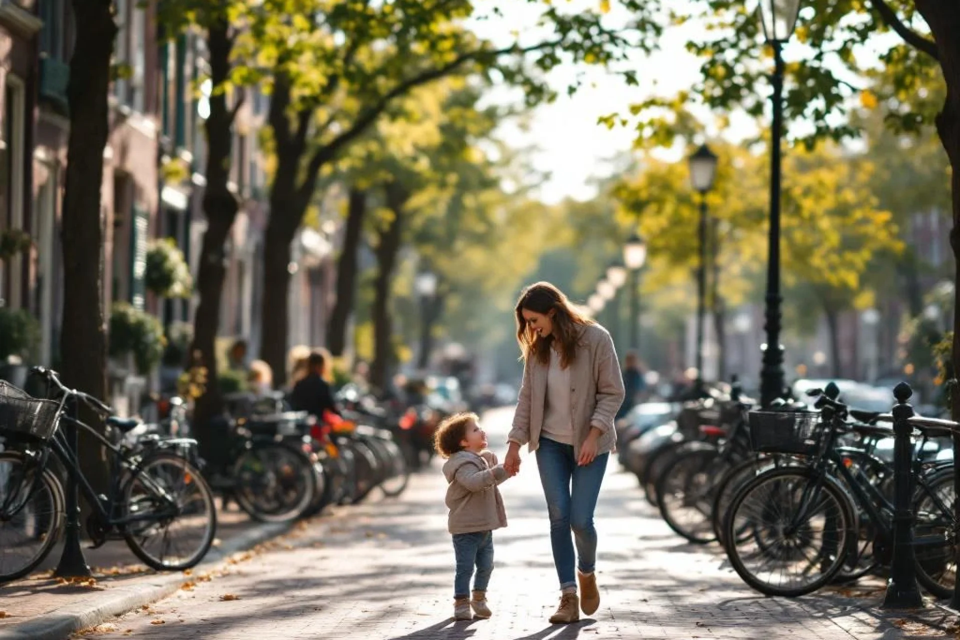 Moeder en kind lopen hand in hand langs Amsterdamse gracht met traditionele Nederlandse huizen en geparkeerde fietsen.