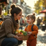 Moeder en 4-jarig kind delen lachend moment op Nederlandse markt, kind toont trots mandje met verse groenten