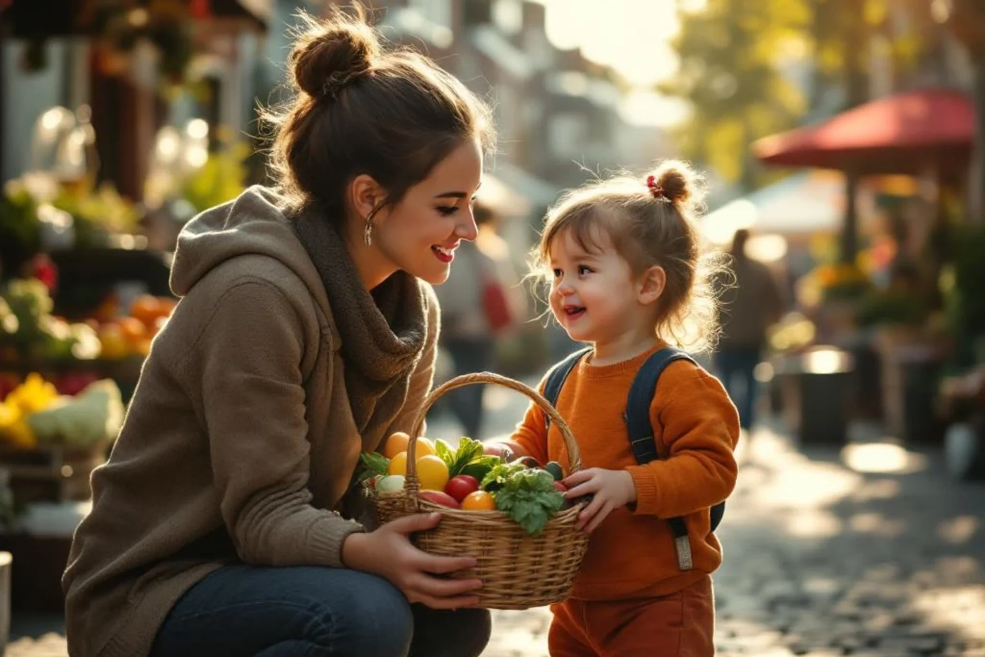Moeder en 4-jarig kind delen lachend moment op Nederlandse markt, kind toont trots mandje met verse groenten