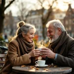 Nederlands stel van 60+ geniet van koffie op gezellig Amsterdams terras tussen historische grachtenpanden en fietsen