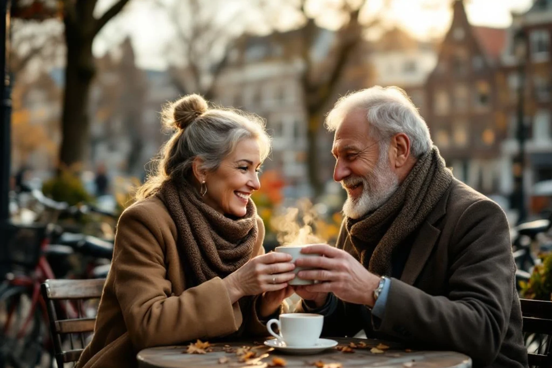 Nederlands stel van 60+ geniet van koffie op gezellig Amsterdams terras tussen historische grachtenpanden en fietsen