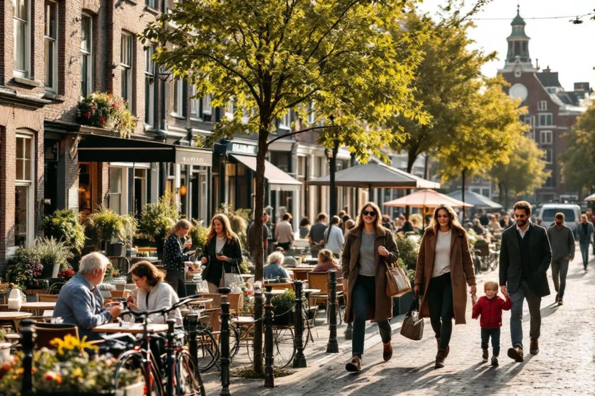 Oudere koppel drinkt koffee op terras langs Nederlandse gracht met voorbijgangers, fietsen en traditionele gevels