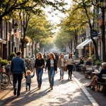 Levendige Nederlandse gracht met diverse mensen wandelend, fietsend en ontspannend bij cafés tussen traditionele bakstenen gebouwen