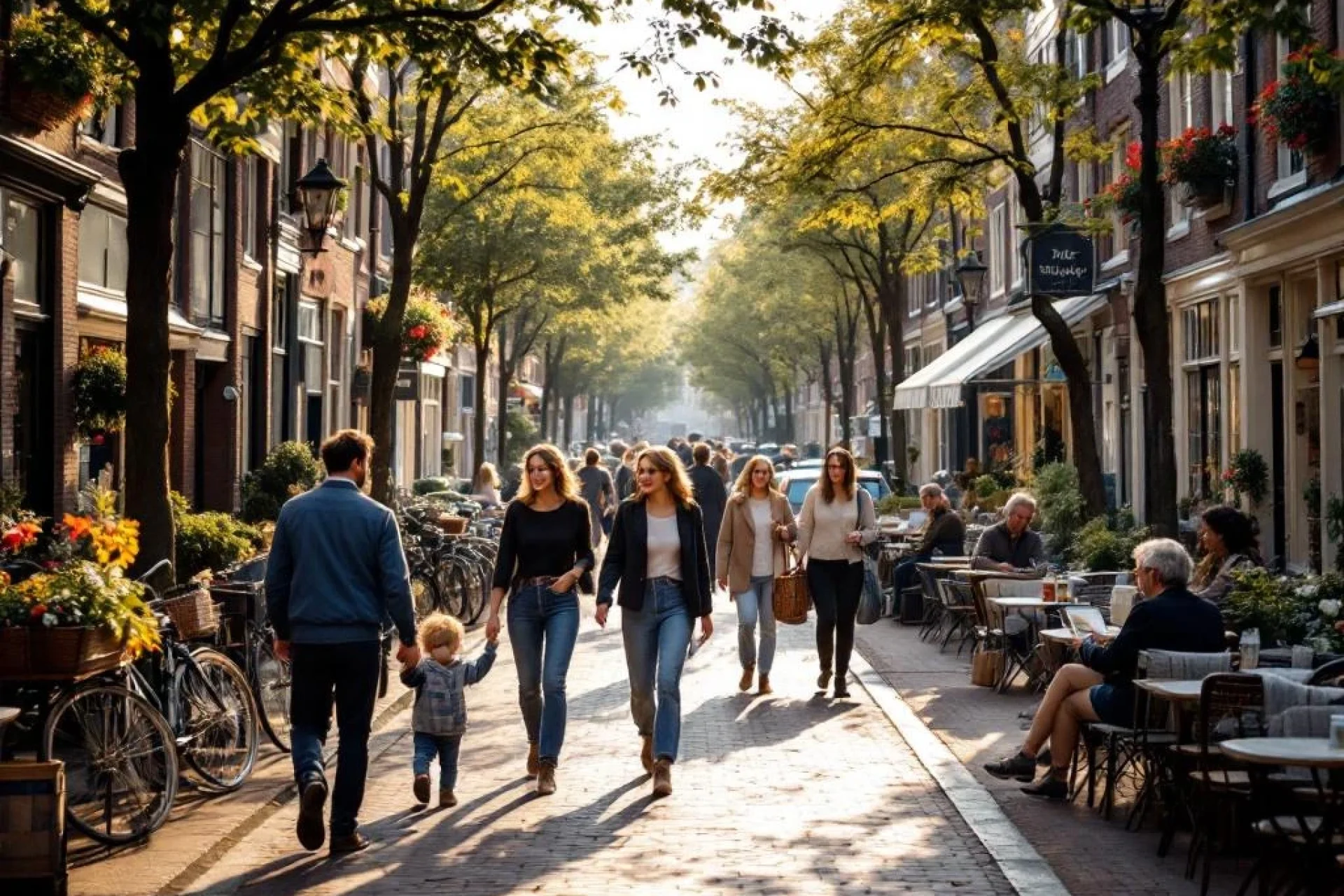 Levendige Nederlandse gracht met diverse mensen wandelend, fietsend en ontspannend bij cafés tussen traditionele bakstenen gebouwen