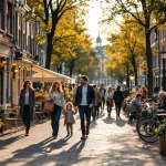 Drukke Nederlandse gracht met diverse mensen wandelend, fietsen, café-terrassen en traditionele bakstenen gebouwen