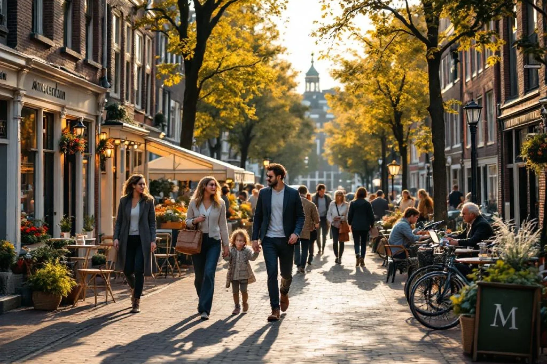 Drukke Nederlandse gracht met diverse mensen wandelend, fietsen, café-terrassen en traditionele bakstenen gebouwen