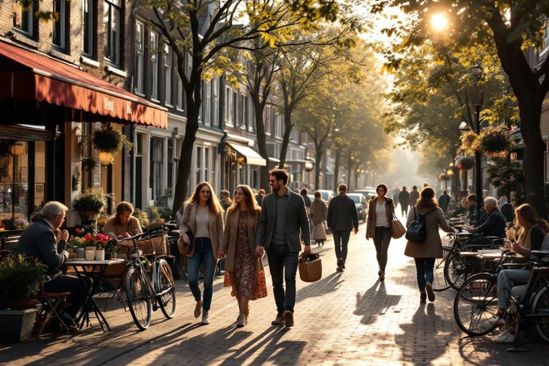 Drukke Nederlandse gracht met diverse mensen wandelend, fietsen en cafés tussen historische grachtenpanden