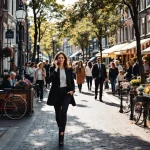 Professionele vrouw belt op drukke Nederlandse grachtenstraat met fietsers, cafés en bloemenmarkt