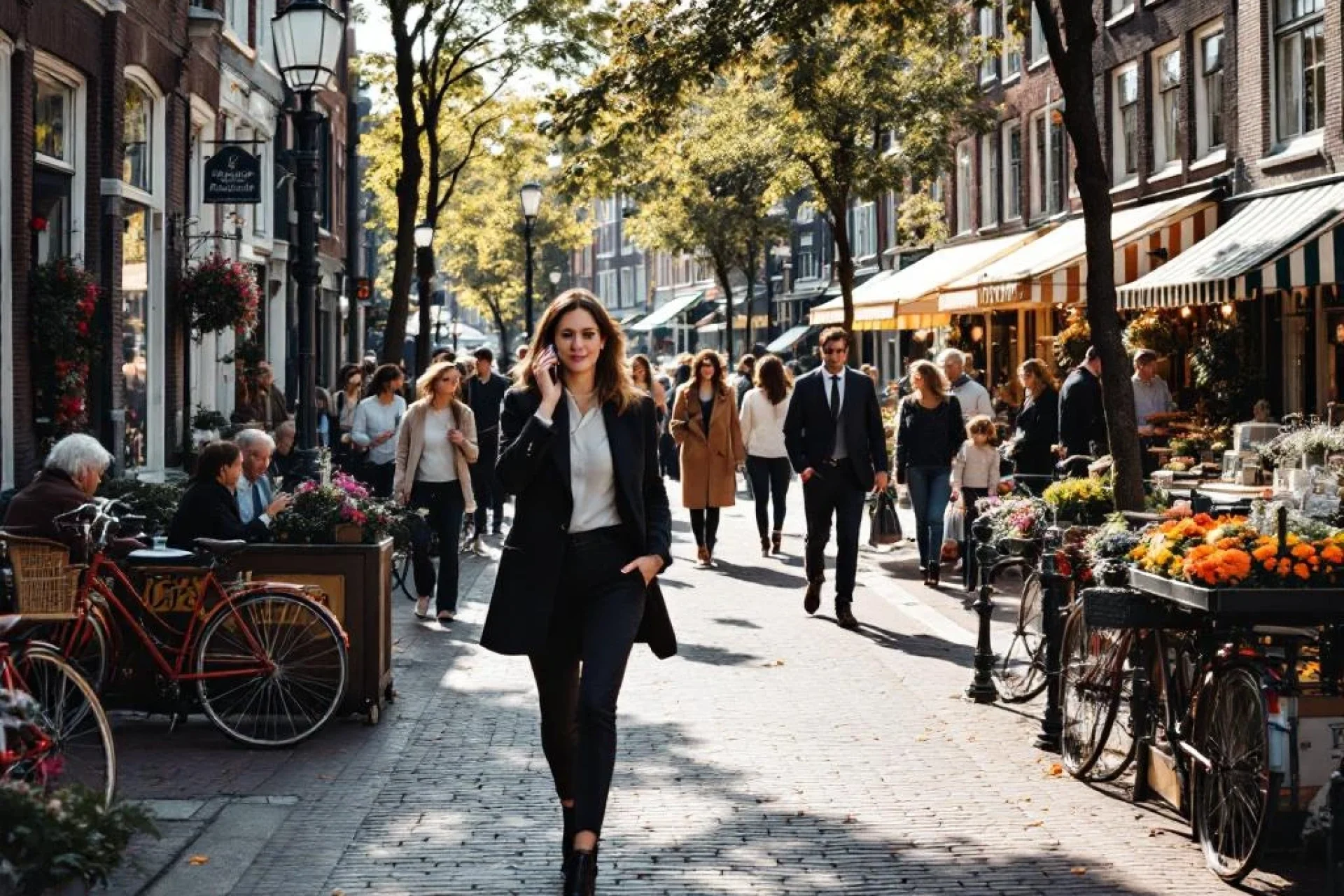 Professionele vrouw belt op drukke Nederlandse grachtenstraat met fietsers, cafés en bloemenmarkt