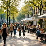 Drukke Nederlandse grachtenstraat met mensen wandelend, fietsen geparkeerd en cafés in gouden avondlicht