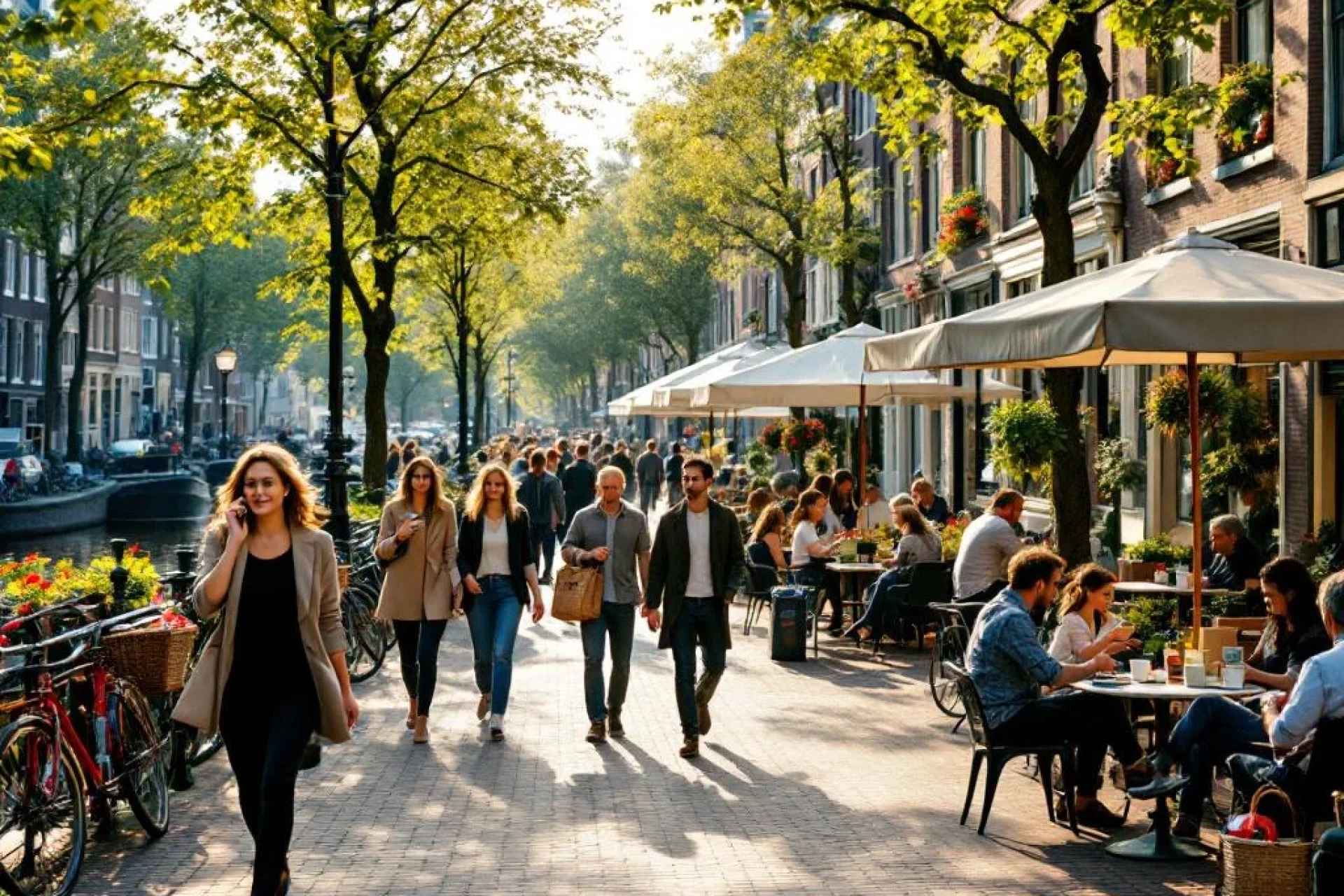 Drukke Nederlandse grachtenstraat met mensen wandelend, fietsen geparkeerd en cafés in gouden avondlicht