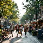 Levendige Nederlandse gracht met diverse mensen wandelend, fietsen geparkeerd en historische bakstenen gebouwen