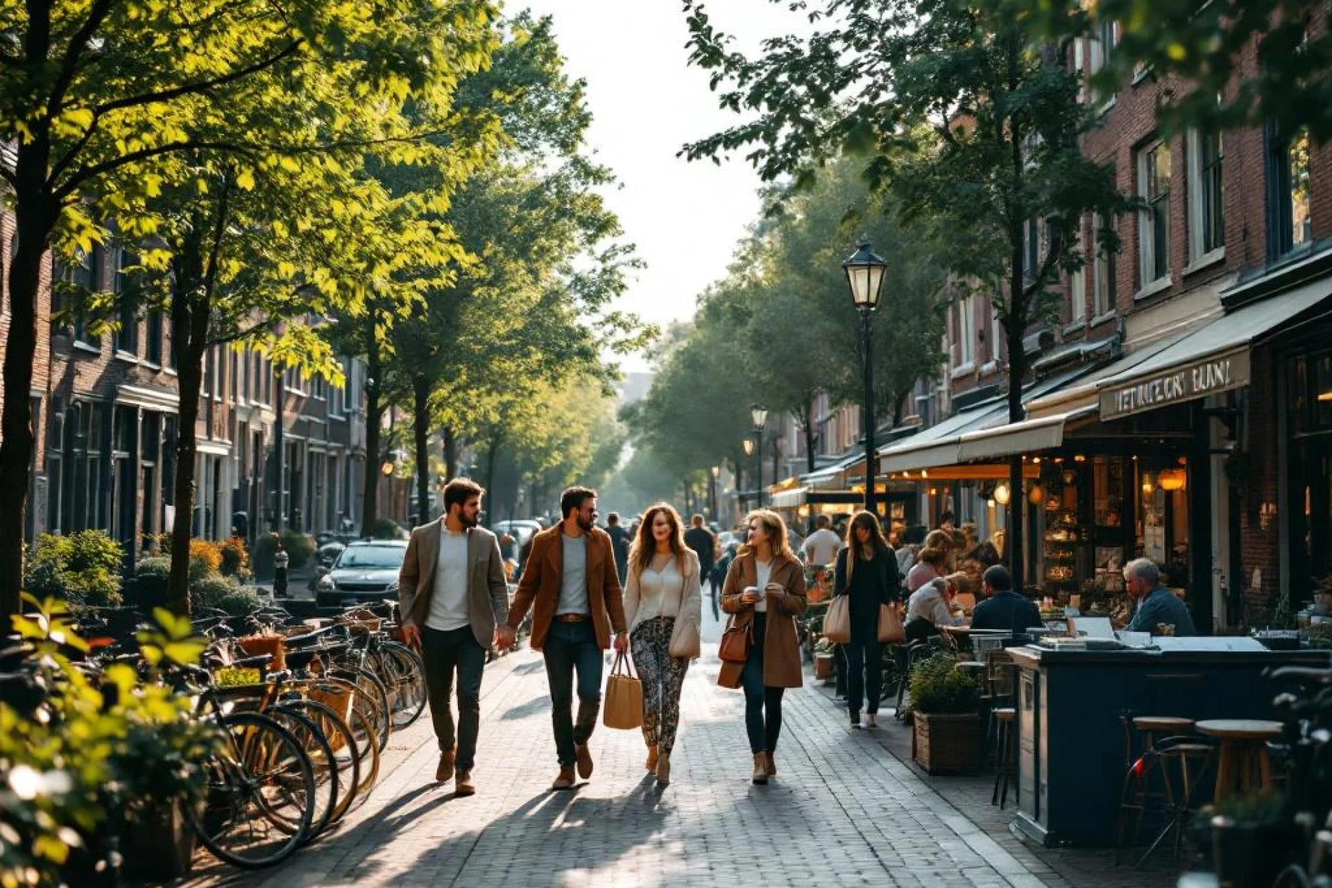 Levendige Nederlandse gracht met diverse mensen wandelend, fietsen geparkeerd en historische bakstenen gebouwen