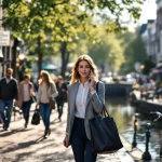 Professionele vrouw belt terwijl ze door drukke Amsterdamse gracht loopt met fietsers, cafés en traditionele bakstenen gebouwen