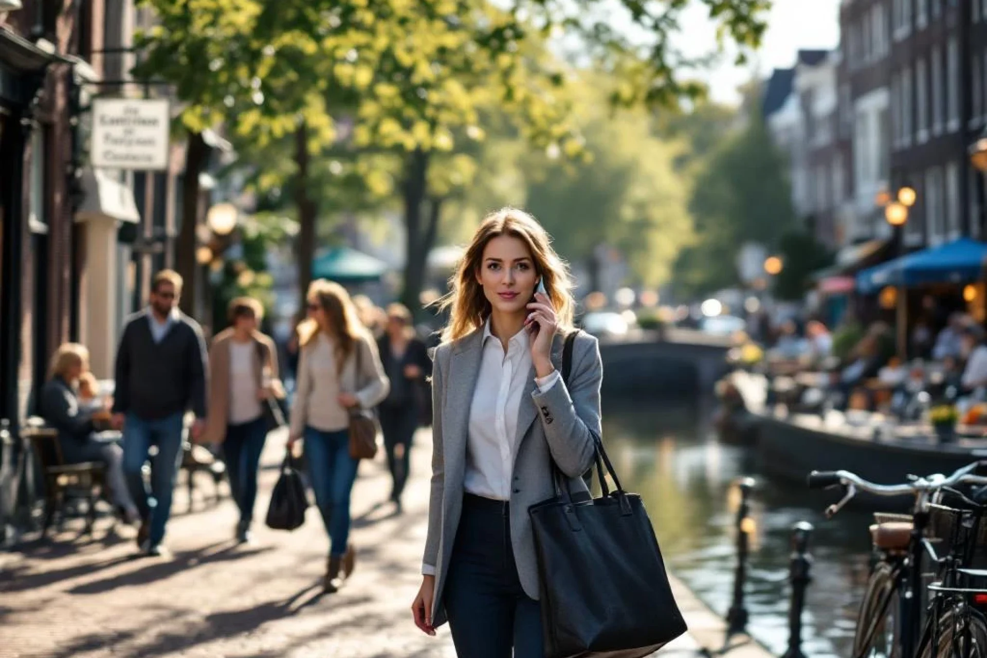 Professionele vrouw belt terwijl ze door drukke Amsterdamse gracht loopt met fietsers, cafés en traditionele bakstenen gebouwen