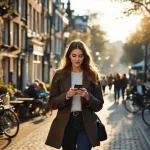 Vrouw controleert smartphone tijdens wandeling langs Amsterdamse gracht met traditionele gebouwen en fietsen.