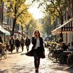 Zakenvrouw belt lopend door Amsterdamse gracht met historische gebouwen, café's en fietsers in zonnig straattafereel