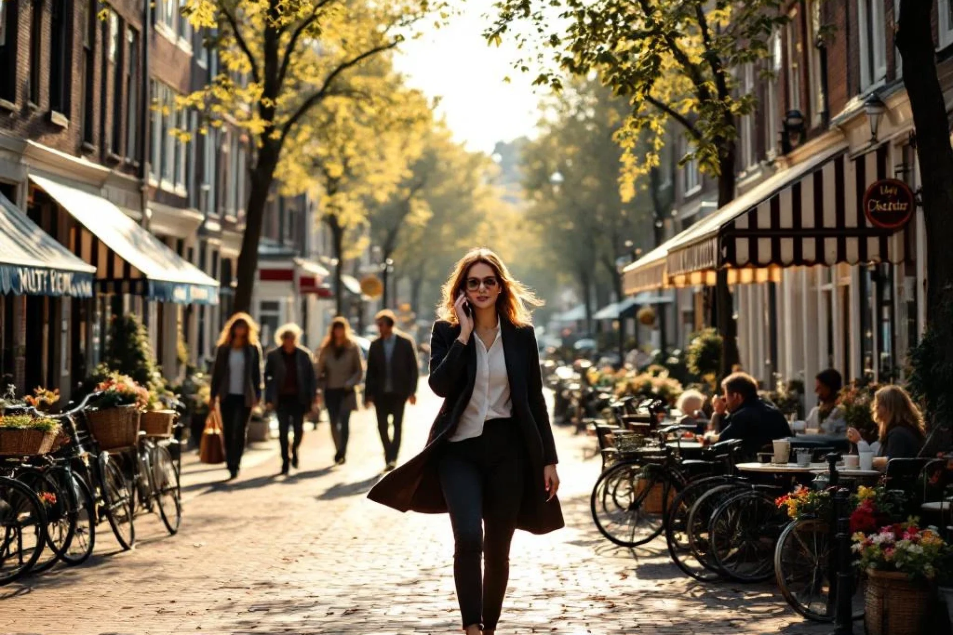 Zakenvrouw belt lopend door Amsterdamse gracht met historische gebouwen, café's en fietsers in zonnig straattafereel