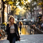 Professionele vrouw belt lopend langs Amsterdamse gracht met traditionele bakstenen huizen en geparkeerde fietsen