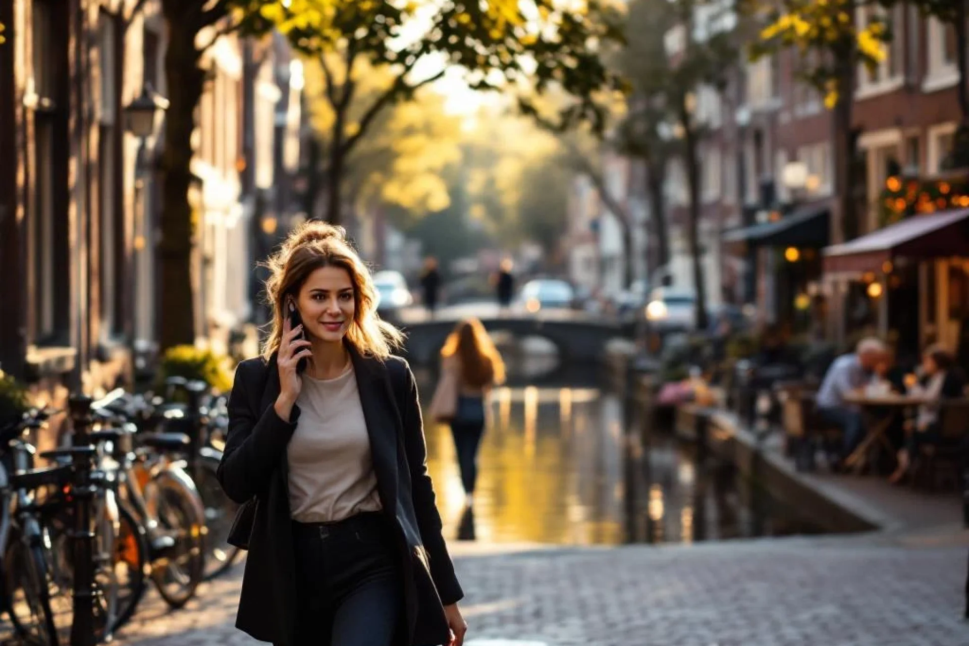 Professionele vrouw belt lopend langs Amsterdamse gracht met traditionele bakstenen huizen en geparkeerde fietsen