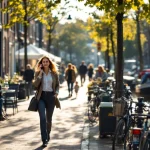 Professionele vrouw belt terwijl ze loopt door drukke Nederlandse grachtenstraat met traditionele bakstenen gebouwen