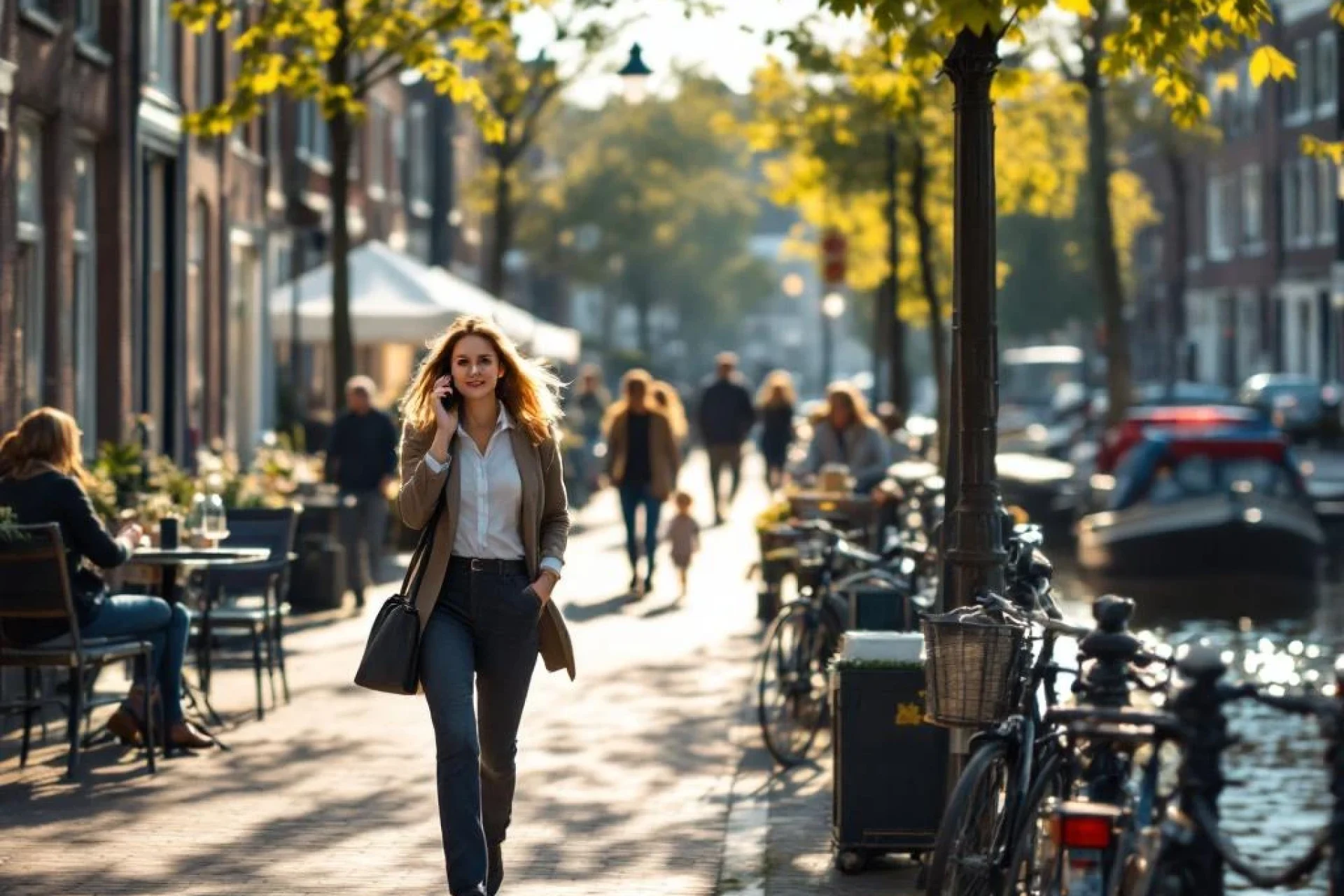 Professionele vrouw belt terwijl ze loopt door drukke Nederlandse grachtenstraat met traditionele bakstenen gebouwen