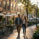 Ouder en tiener wandelen hand in hand langs Amsterdamse gracht met traditionele bakstenen huizen en geparkeerde fietsen