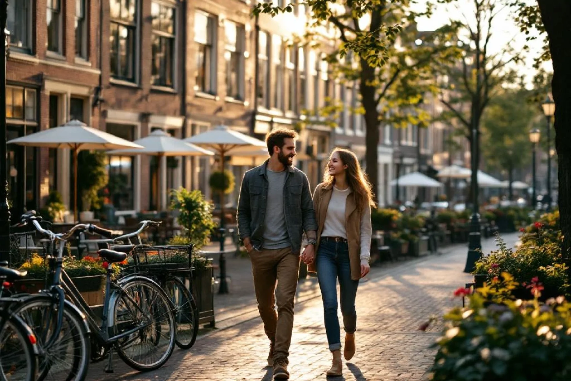 Ouder en tiener wandelen hand in hand langs Amsterdamse gracht met traditionele bakstenen huizen en geparkeerde fietsen