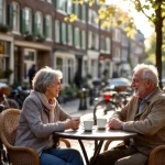 Ontspannen ouder echtpaar geniet van koffie aan terras langs Amsterdamse gracht met traditionele huizen op achtergrond