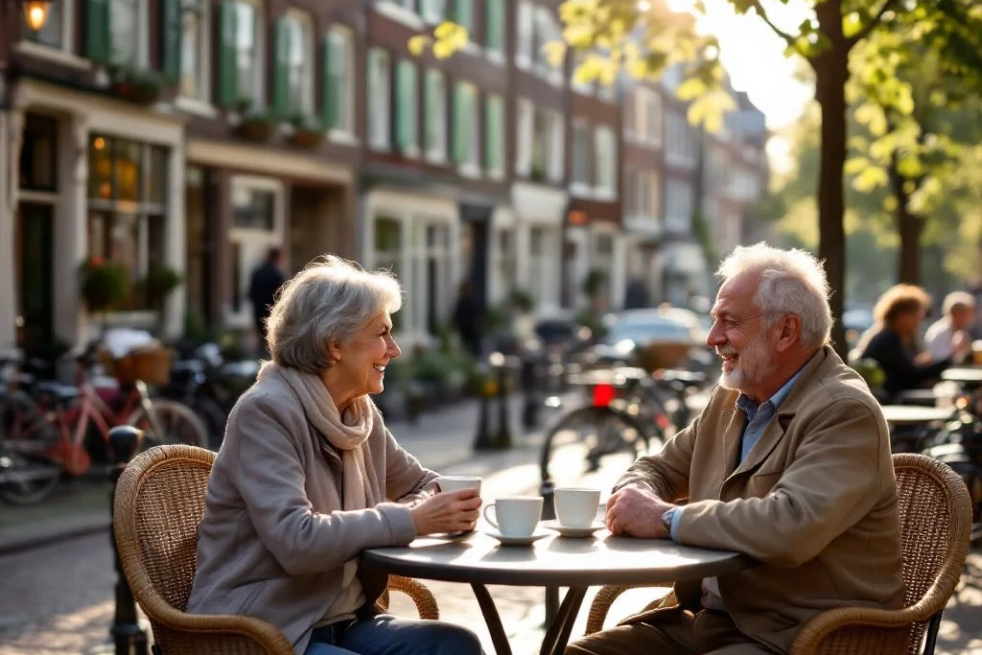 Ontspannen ouder echtpaar geniet van koffie aan terras langs Amsterdamse gracht met traditionele huizen op achtergrond