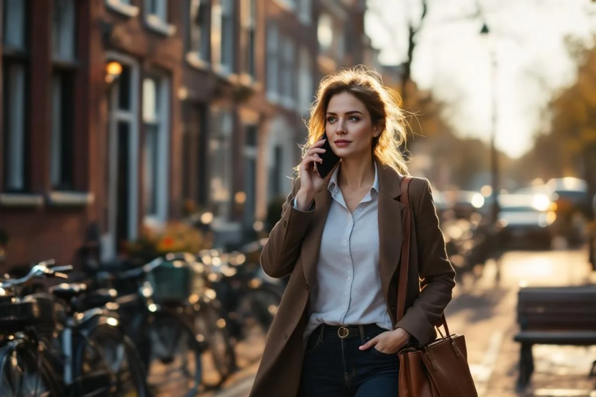 Professionele vrouw loopt zelfverzekerd door smalle Amsterdamse straat met rode bakstenen gebouwen en fietsen
