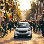 Slimme auto geparkeerd tussen fietsen op Nederlandse grachtenstraat met rode bakstenen gebouwen en voorbijgangers.