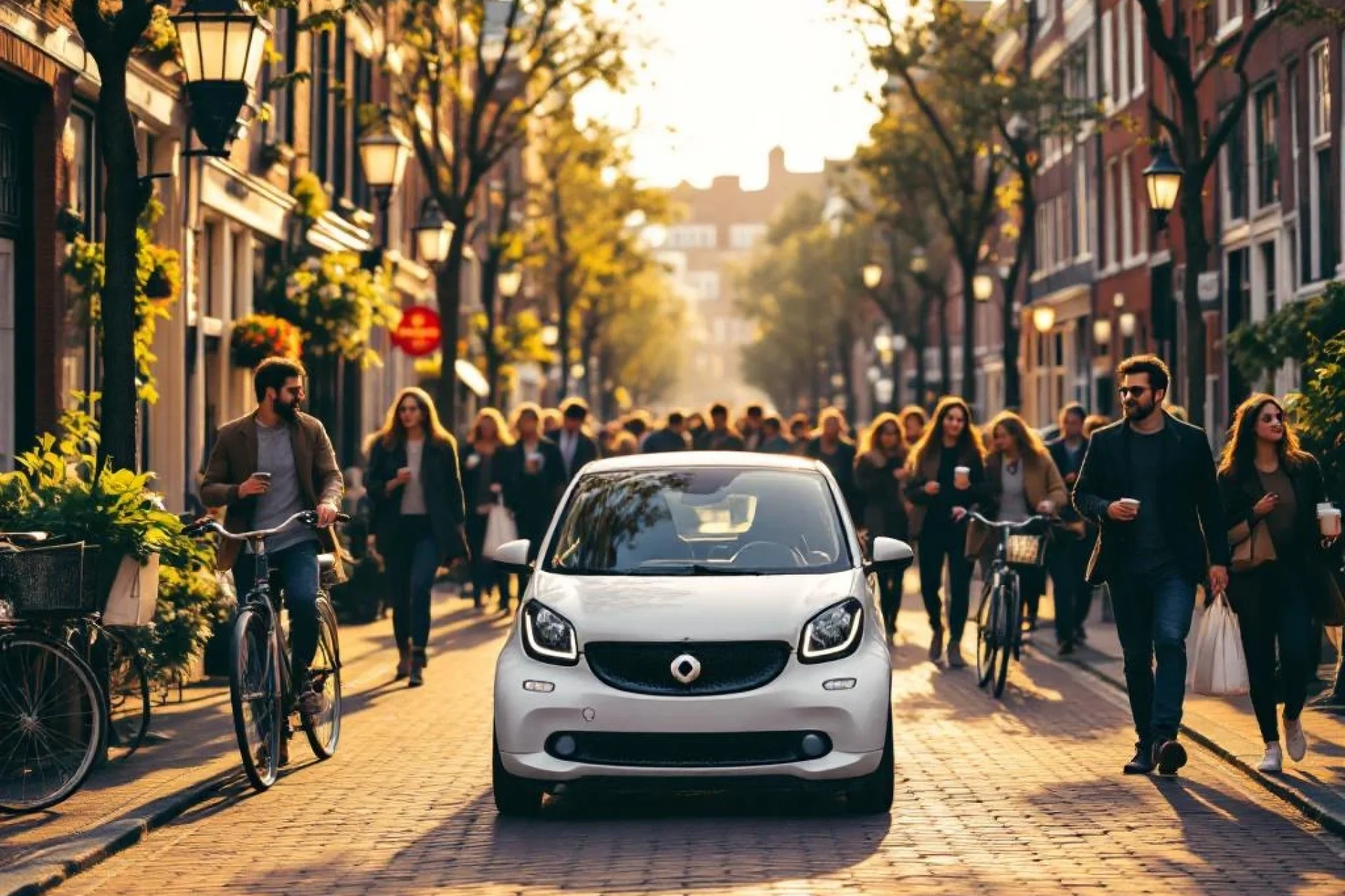 Slimme auto geparkeerd tussen fietsen op Nederlandse grachtenstraat met rode bakstenen gebouwen en voorbijgangers.