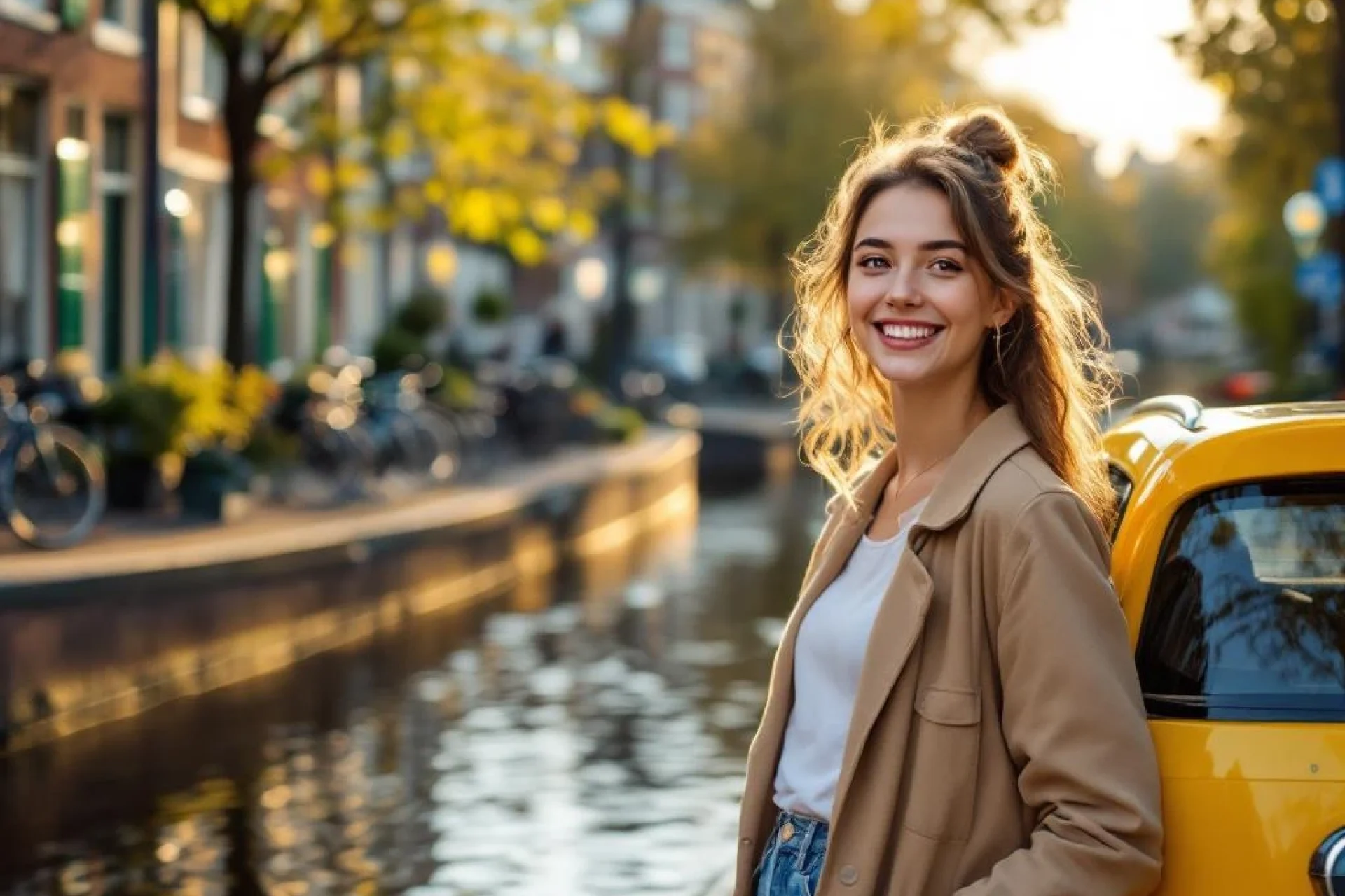 Vrolijke tienermeisje met gele elektrische auto langs Amsterdamse gracht met traditionele bakstenen huizen en fietsen